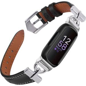 Leather Bands Compatible with Fitbit Inspire 3 Bands, Replacement D-Shaped Watch Straps Soft Wristband for Fitbit Inspire 3 Fitness Tracker Women&Men (Black/Silver)