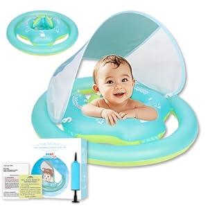 Relaxing Baby Sun Canopy Baby Swimming Float, Widend Dual Air Chambers Anti-Roll and Anti-Flip Design, Toddler Pool Float with Adjustable Seat is for Baby 6-24 Months