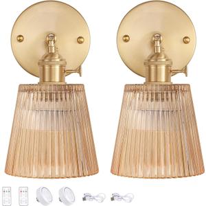 Vintage Battery Operated Wall Sconce with Amber Stripe Glass Lampshade Rechargeable Battery Powered Wall Light with Remote Control for Bedside Bedroom Doorway, Set of 2