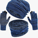 Mens Hat Set Touchscreen Glove Neck Warmer Winter Hats Scarf Gloves Set Slouchy Beanie Knit Fleece Skull Cap (Blue)