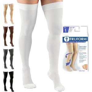 Truform 20-30 mmHg Compression Stockings for Men and Women, Thigh High Length, Dot Top, Closed Toe, White, Small