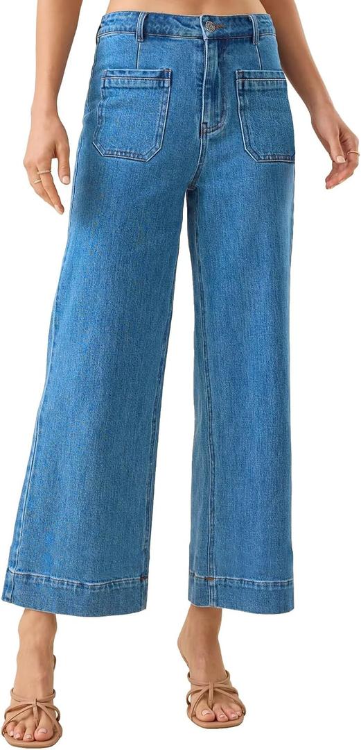 Allimy Women's High Waisted Cropped Wide Leg Jeans Stretchy Loose Denim Pants with Front Patch Pockets