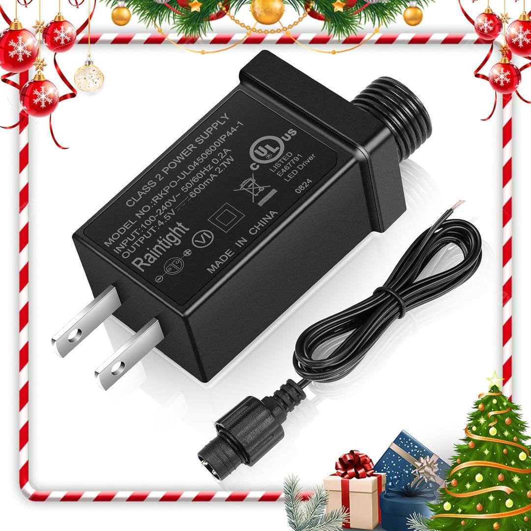 4.5V 0.6A Class 2 Power Supply, US Plug Waterproof UL Certified IP44 Low Voltage Transformer with 1.2 Meters Extension Cable for 2.7W Christmas Light, String Light, Inflatable Decorations