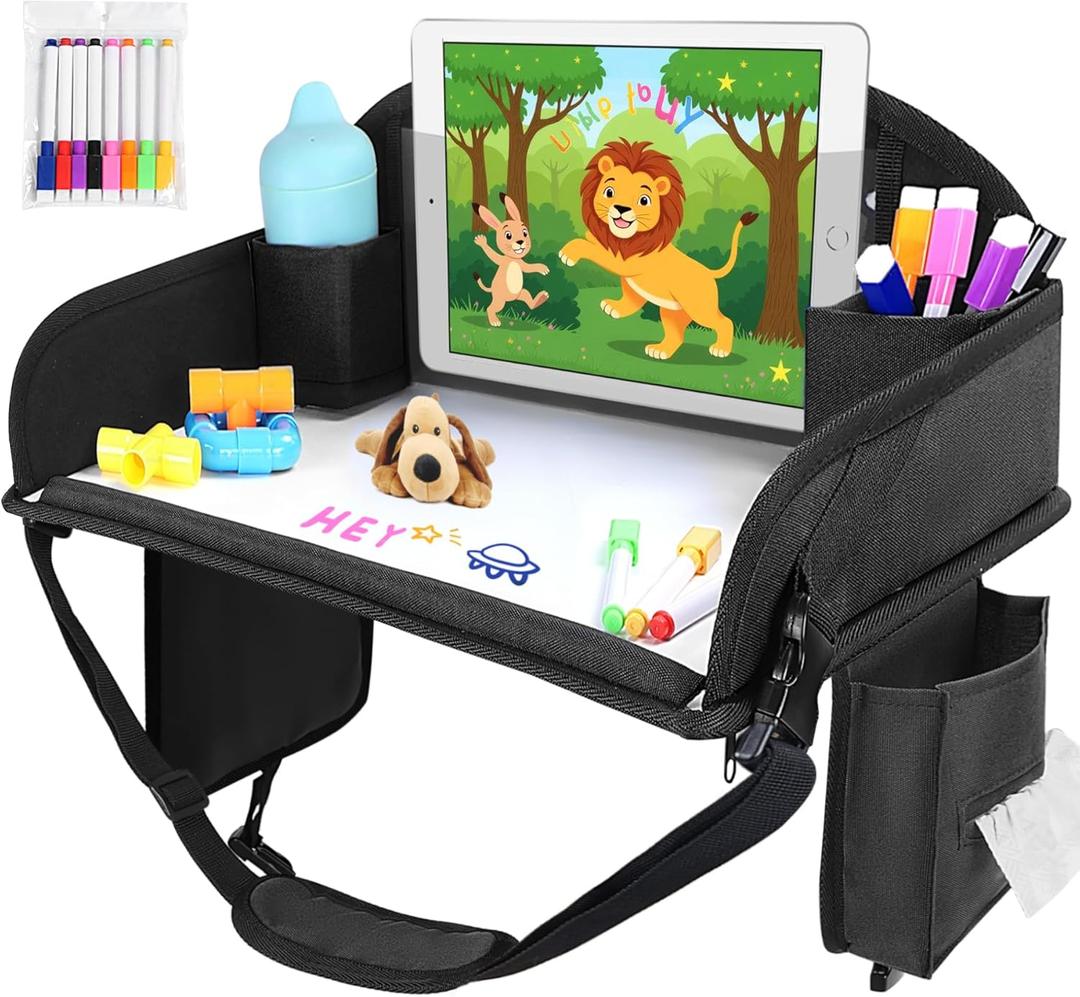 Kids Travel Tray for Car Seat, Toddler Road Trip Essentials With Drawing Kit, Travel Activities Must Haves (Black)
