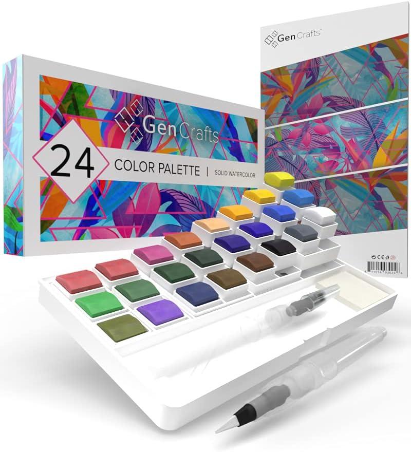 GenCrafts Watercolor Palette with Paper Pad 24 Premium Colors - 2 Refilable Water Brush Pens - 15 Sheets of Water Color Paper - Portable Painting