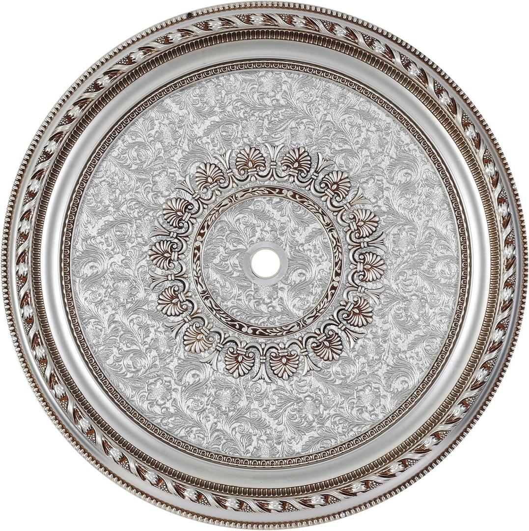 Large Ceiling Medallion, 31.5 Inch, Silver and Gold, Floral Embossed, for Light Fixtures and Chandeliers