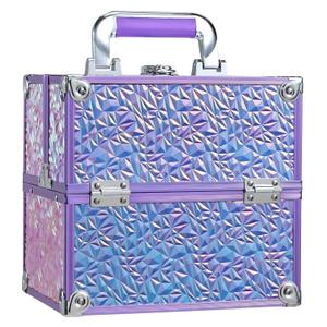 FRENESSA Makeup Case Organizer Makeup Box Cosmetic Train Case Portable Make Up Artist Travel Case Storage Box 4 Trays with Dividers Lockable Hard Train Case Nail Tech Supply Storage Shiny Purple