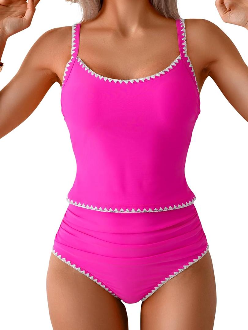 Eomenie Tankini Swimsuit for Women Tummy Control Ruched Two Piece Bathing Suits High Waisted Shell Stitch Swimwear (X-Large, Hot Pink)
