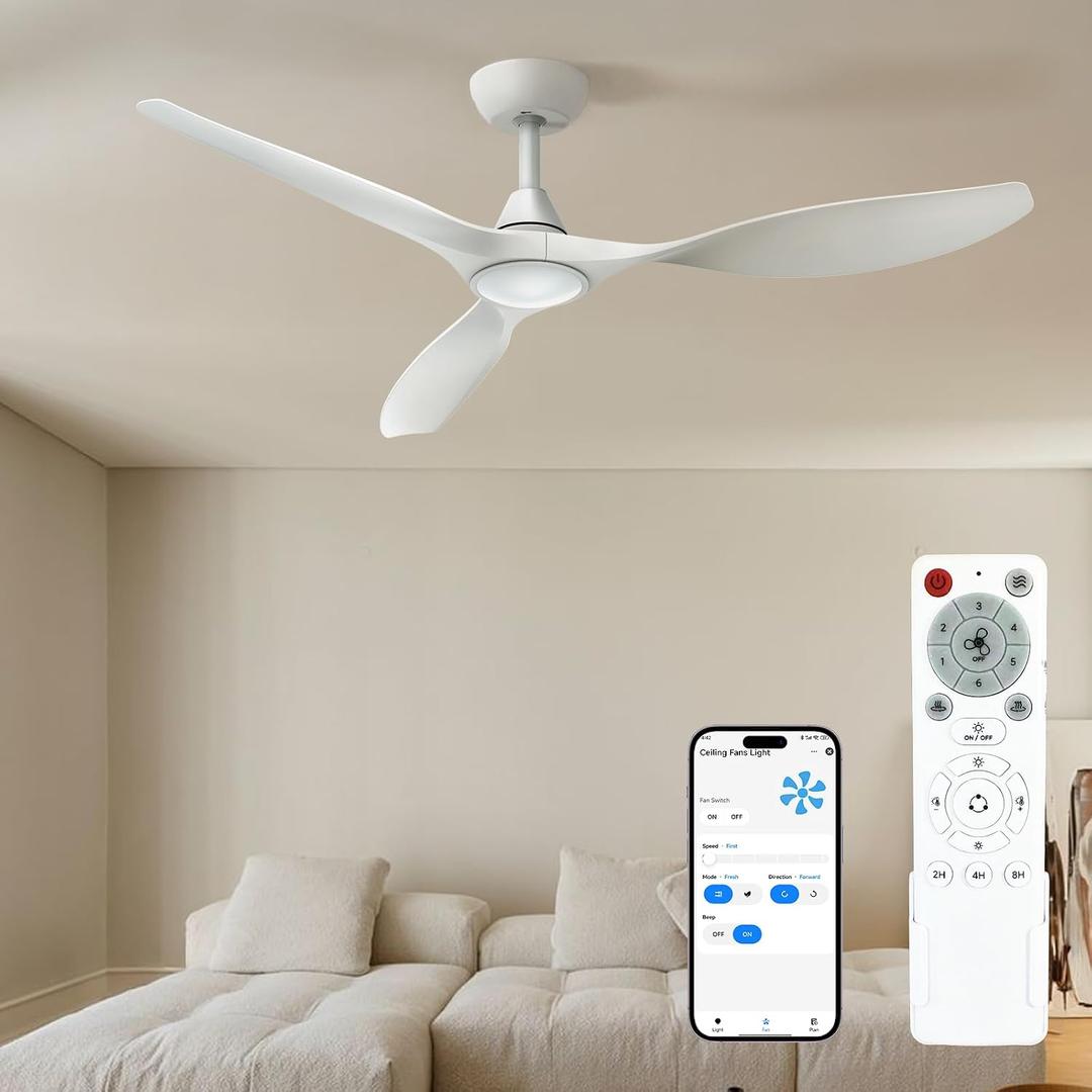 Roomratv Ceiling Fans with Lights and Remote Control,Quiet Noiseless Reversible DC Motor,6 Speeds,Timers, 3 CCT, Indoor Use, Plastic Blades,52 Inch White Ceiling Fan Smart APP Control for Living Room