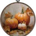 Giosve Vintage Rustic Fall Pumpkin Round Wall Art Canvas Framed Poster, Farmhouse Autumn Maple Leaf Pumpkin Hanging Wall Sculptures for Kitchen Home Living Room Bedroom Decor, 10x10 Inch