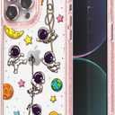 Compatible for iPhone 15 Pro Case Cute Aesthetic - Glitter Pink Phone Case with Camera Protector - Girly Astronaut Spacman Pattern Print Cover with Wrist Strap Design for Woman Girl 6.1"