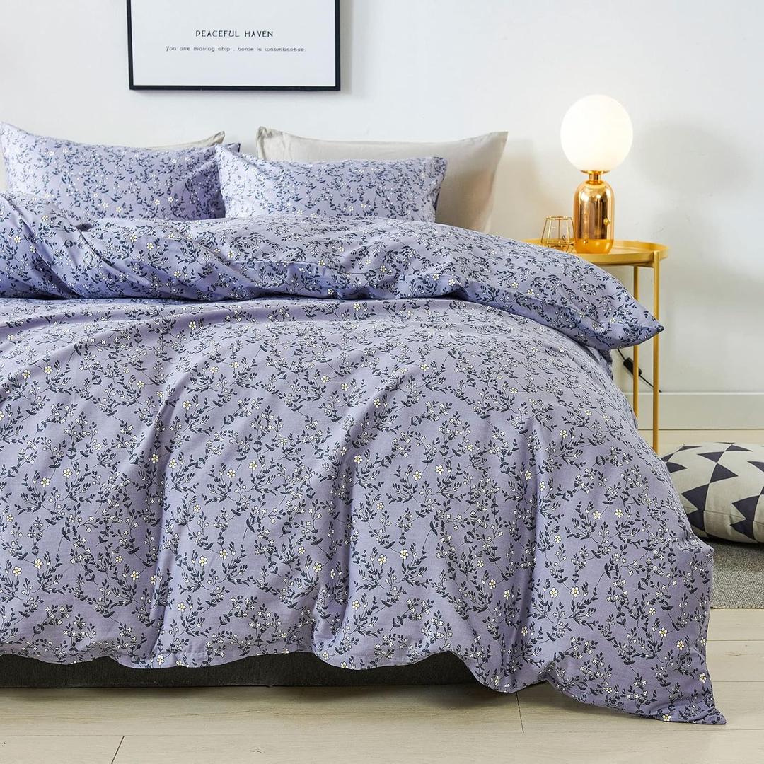 HoneiLife Queen Size Duvet Cover - Cotton Comforter Sets, Floral with Zipper Closure & Corner Ties, Pale Purple, Soft & Breathable - Lavender Grey, 3Pcs (Queen/Full-90"x 90")