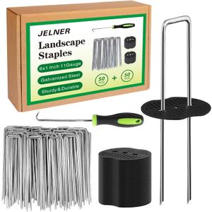 JELNER Garden Stakes,6 Inch 11 Gauge 50pcs Galvanized Landscape Staples + 50pcs Gaskets + 1Pick Hook,Tent Stakes Landscaping Fabric SOD Pins for Weed Fabric Barrier,Groud Cover,Fence