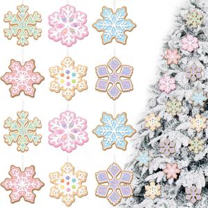 Woanger 60 Pcs Pastel Candy Snowflakes Christmas Tree Hanging Ornaments Wooden Macaron Xmas Candy Snowflake Ornaments for Christmas Tree Wedding Party Winter Party Ceiling Hanging Decor