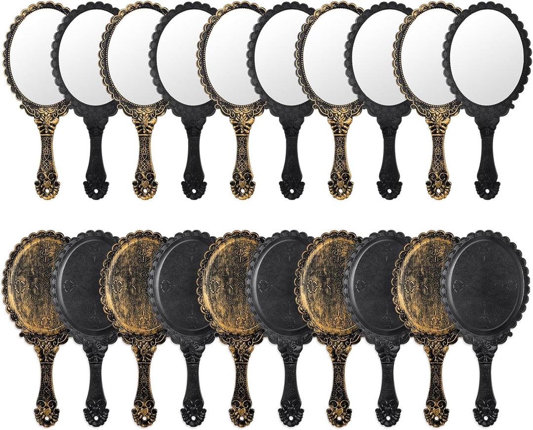 20 Pcs Vintage Handheld Mirrors, 9.8" l x 4.5" W Portable Hand Held Embossed Flower Retro Compact Mirror with Handle for Women Face Makeup Travel Mothers Day Gift(Vintage, Black)
