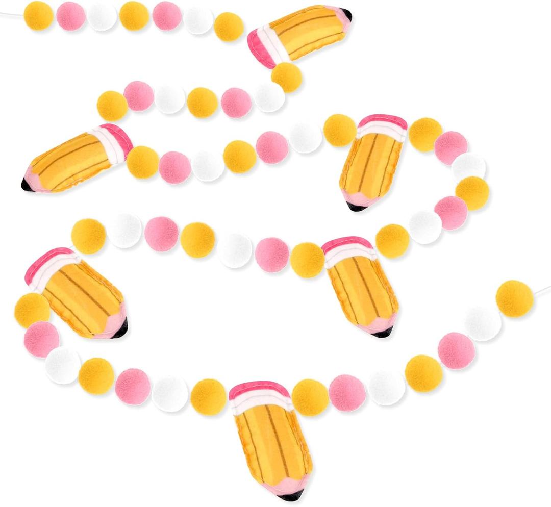 Back to School Decorations 7.5 Ft Felt Pompom Banner Cute 3D Pencil Felt Ball Pre-Assembled Hanging Banner Welcome Back to School Garland for Classroom, Mantle, Wall, Party Supplies