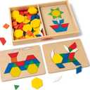 Melissa & Doug Pattern Blocks and Boards with 120 Multi-Colored Wooden Shape Tiles, 5 Double-Sided Puzzle Boards, Tangram Puzzles, Montessori Toys for Girls & Boys
