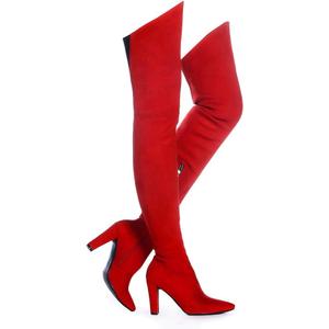 Shoe'N Tale Women Stretch Suede Chunky Heel Over The Knee Boots Thigh High for Women (7.5, Red)