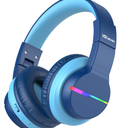 iClever BTH12 Kids Bluetooth Headphones,Colorful LED Lights Kids Headphones Wireless,74/85dBA Safe Volume,85H Playtime,Fast Charging,Bluetooth 5.2,Over Ear,Built-in Mic for iPad/Tablet/Airplane,Blue