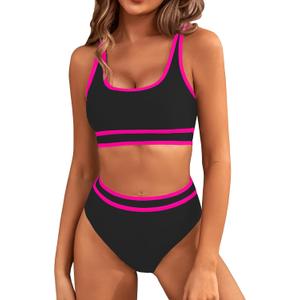 BMJL Women's High Waisted Bikini Sets Sporty Two Piece Swimsuits Color Block Cheeky High Cut Bathing Suits (Large, Black Pink011)