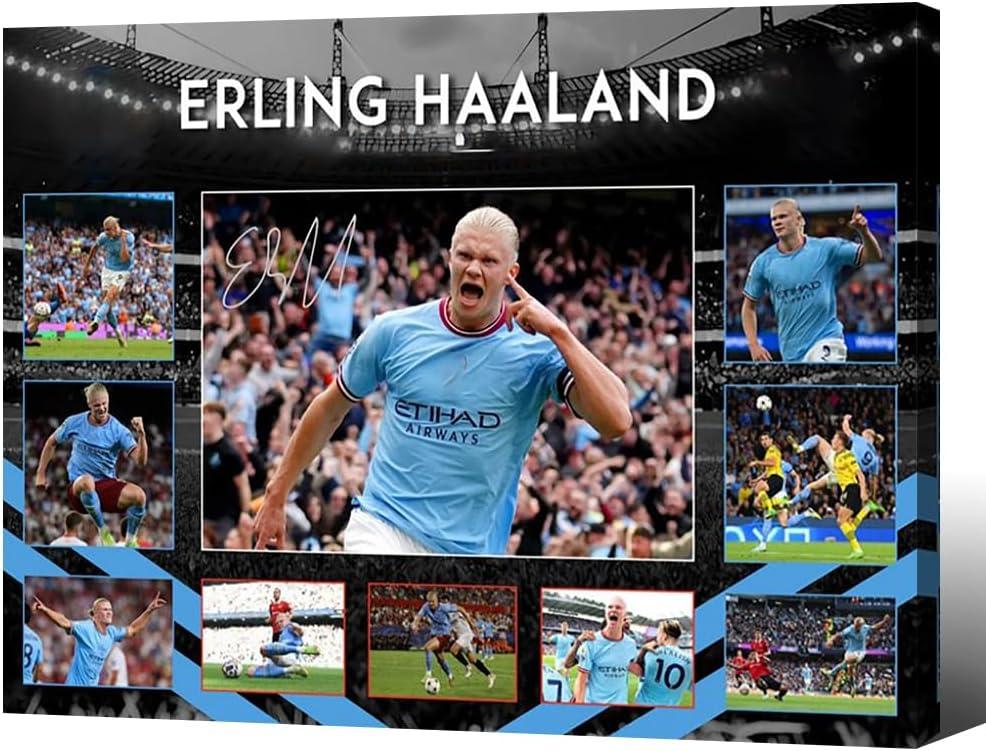 Framed Soccer Superstar Erling Haaland Signed Poster For Kids Fans Room Bedroom Wall Decor-Sports Star Posters Canvas Art Print Picture For Teen Boy Birthday Gifts (12L''X16W'')