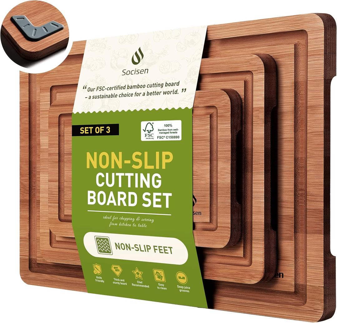 Socisen 3 Packs Bamboo Cutting Board Set with Non Slip Feet and Over Sink Nice Solid Thick Wood Juice Groove Chopping Board Extra Large Big Small Best Hardwood Kitchen Counter Organic Vegetable (Brown)