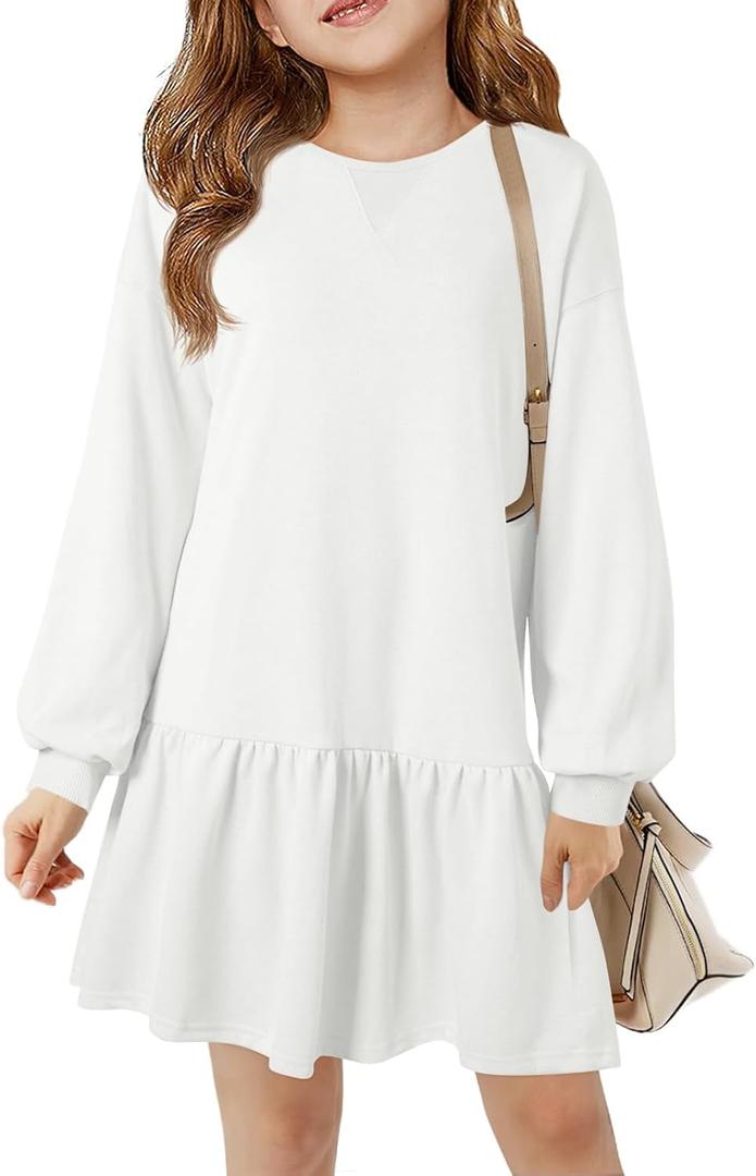 Haloumoning Girls Long Sleeve Dresses Sweatshirt Dress Kids Casual Crewneck Rib Knit Mini Dress 5-14 Years (11-12 Years, White)