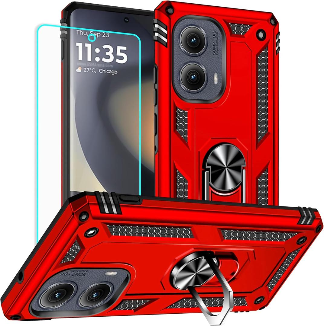 for Motorola Edge 2024 Case: with Screen Protector - Military Grade Protective Cases with Finger Ring Holder Kickstand for Moto Edge 2024(Red)