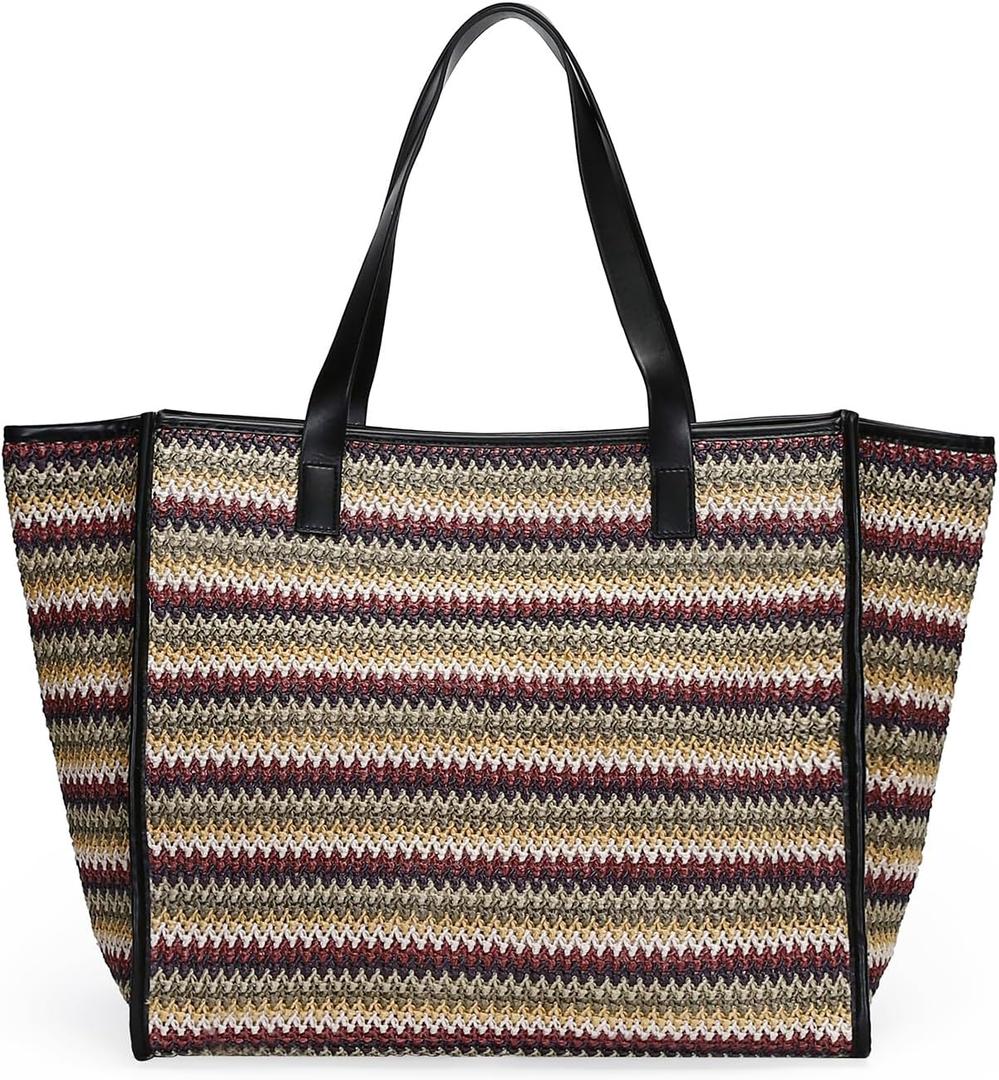 Herald Large Handmade Straw Tote Handbag for Women, Summer Beach Weaving Chic Woven Shoulder Purse Bags with Water Bottle Pocket (Colorful Stripe)