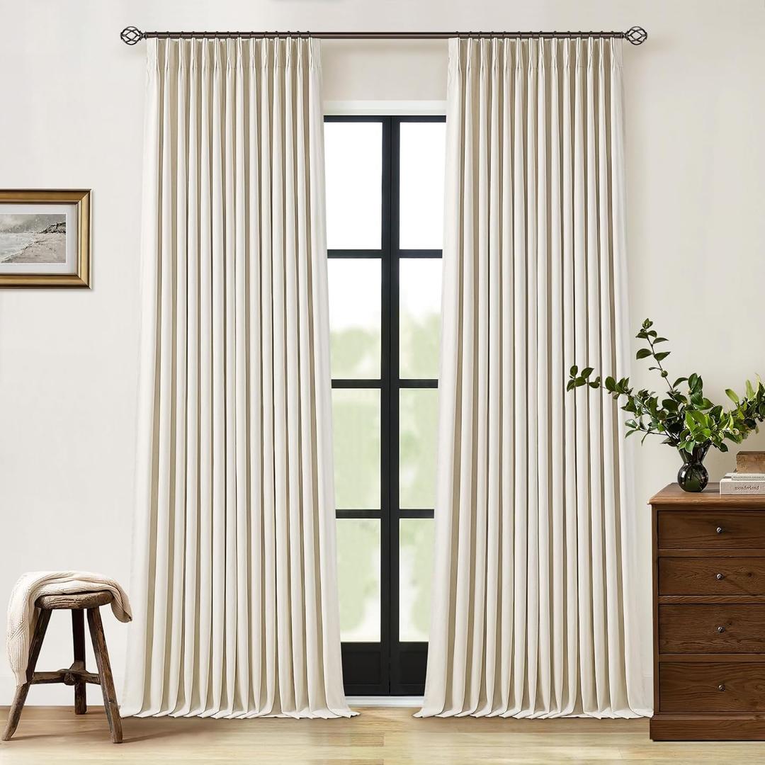 Pleated Blackout Linen Curtains 108 Inches Long for Living Room Patio Sliding Door Pinch Pleat Rings Hooks Back Tab 100% Black Out Bedroom Beige Curtains Boho Modern Window Panels Set of 2
