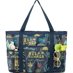 Fammart Mesh Beach Bag, Large Beach Tote with Zipper Pocket, Toys Pool Bag for Family Travel Vacation Cruise Essentials, SurfBoard