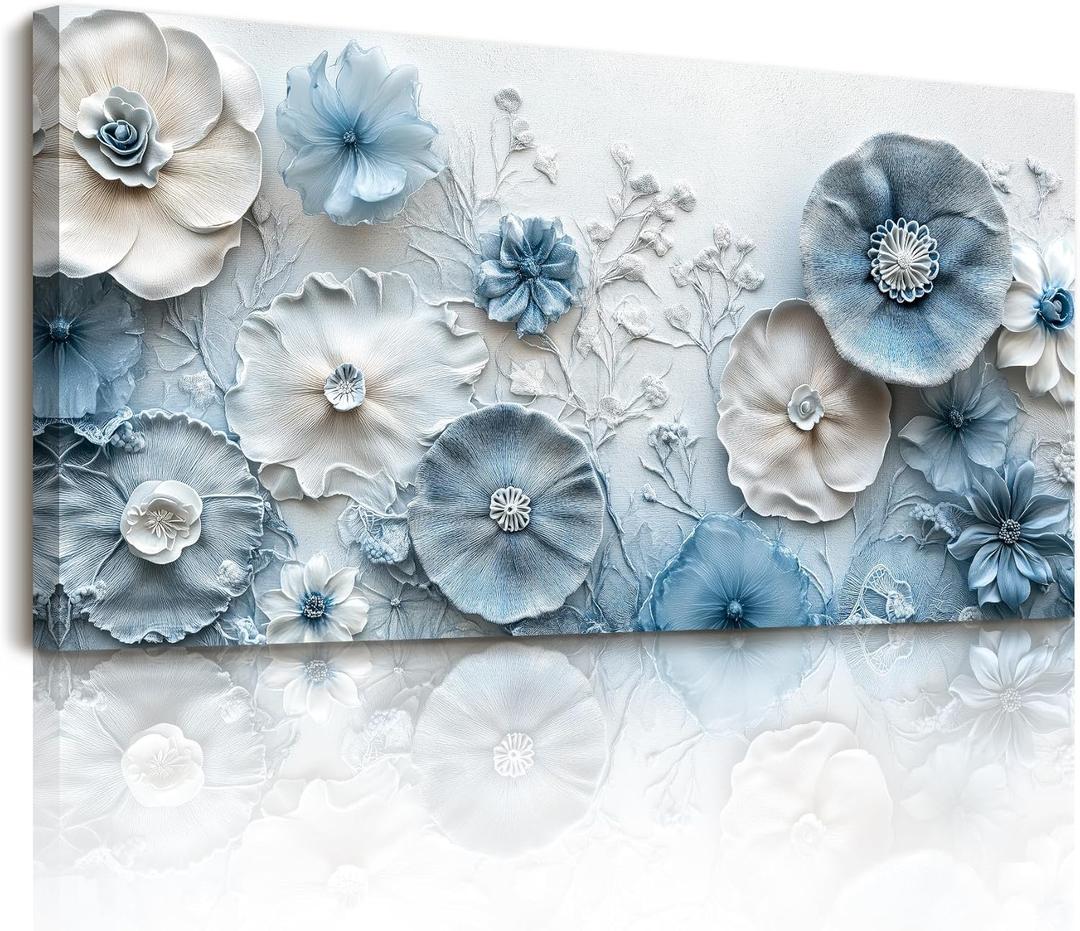 SERIMINO Extra Large Wall Art, Floral Wall Decor, Modern Wall Art, Blue and White Flowers Picture, Nature Botanical Prints, Oversized Paintings for Living Room Dining Room Hallway Office Hotel 29"x57"