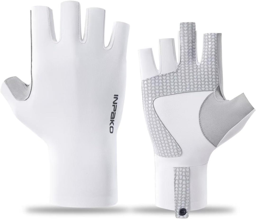 INPAKO Fishing Gloves UPF 50+ Sun Protection, Fingerless UV Protection for Women&Men, Hook&Loop, Lightweight Gloves for Fishing Outdoor, White,