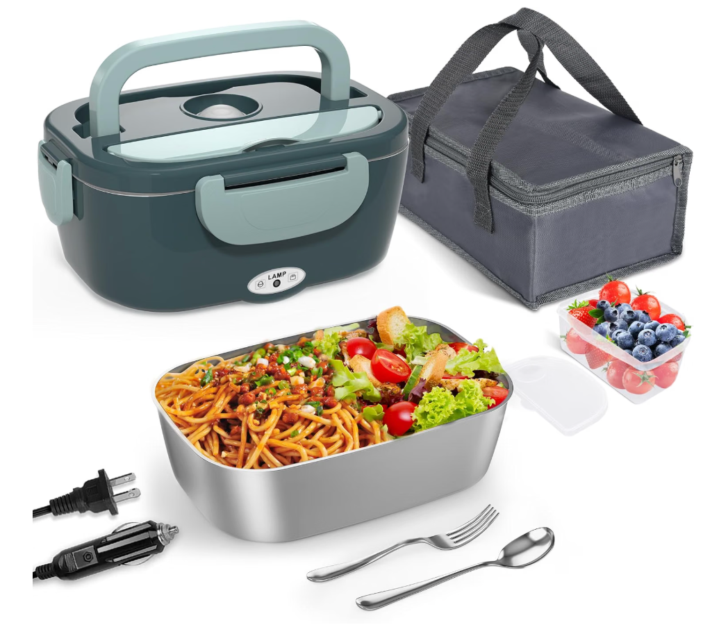 Monteka Electric Lunch Box Food Heater - Leakproof Portable Food Warmer heated lunch box for adults for Car/Home/Truck with 1.5L Removable Stainless Steel Container, White Elephant Gift, 12V/24V/110V