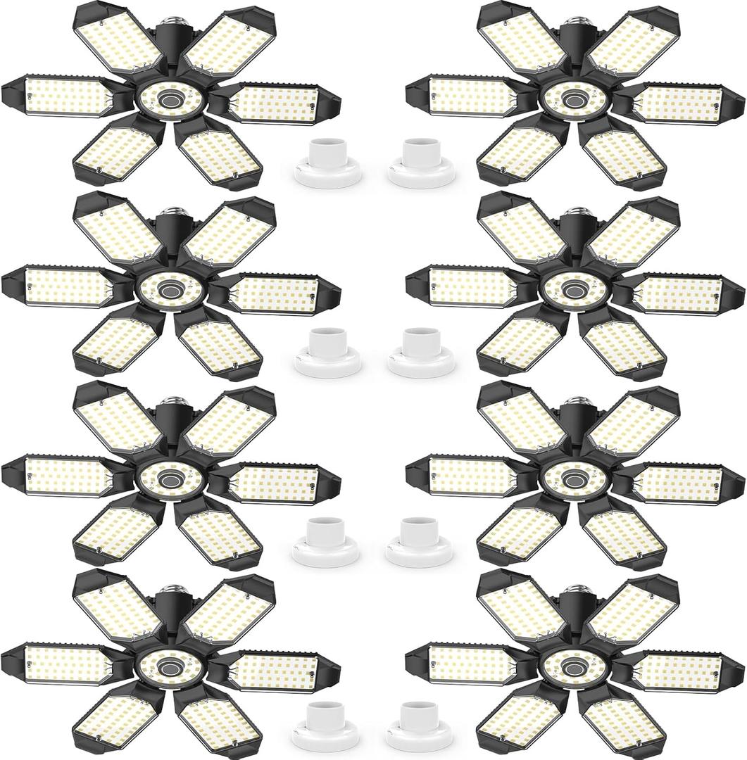 Led Garage Lights 8 Pack 200W Super Bright Ceiling Led Shop Lights, E26/E27 Base, 6500K, 22000LM Deformable Garage Light Ideal for Basement, Attic and Workshop Commercial Bay Lighting