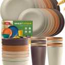 Teivio 32-Piece Kitchen Plastic Wheat Straw Dinnerware Set, Service for 8, Dinner Plates, Dessert Plate, Cereal Bowls, Cups, Unbreakable Colorful Plastic Outdoor Camping Dishes, Desert