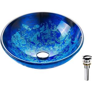Blue OceanMystery Series Tempered Deco Glass Vessel Bathroom Sink in Starry Blue | Top Mount Sinks Above Countertop | Vanity Countertop Sink Bowl with Pop Up Drain |FW-LA604
