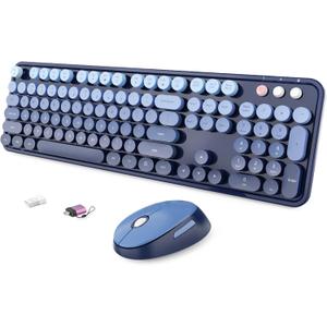 Wireless Keyboard and Mouse Combo, Ergonomic Full Size Typewriter Retro Round Keycaps Keyboard, Compatible with Windows, PC, Perfer for Home and Office Keyboards, Twilight Blue