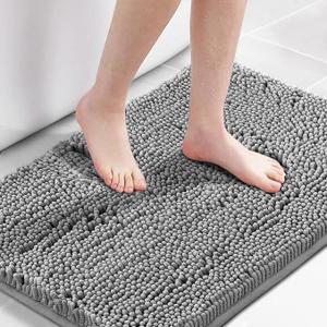 Chenille Bath Mat Thick Soft Absorbent for Bathroom, Microfiber Dries Quickly, Shaggy Washable Plush Durable Rug, Bathtub and Shower Floor, 24x17, Grey