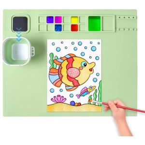 AWOKE Silicone Painting Mat for Table Protection - 20"X16" Washable Art Mat with 1 Water Cup for Kids - Craft Mat has 12 Color Dividers - 2 Paint Palettes (Green), Toddler Activities, Girl Boy Gifts