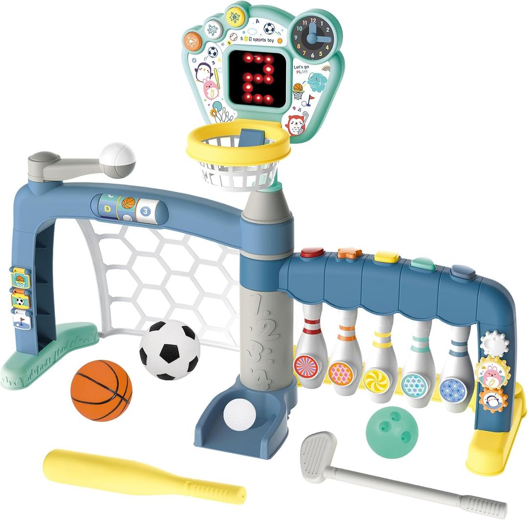 5-in-1 Toddler Sports Toys Activity Center: Includes Basketball Soccer Bowling Baseball Golf, Toddler Basketball Hoop Indoor with Adjustable Height 1-3 Year Old Boys Girls Toys, Toddlers & Baby Gift