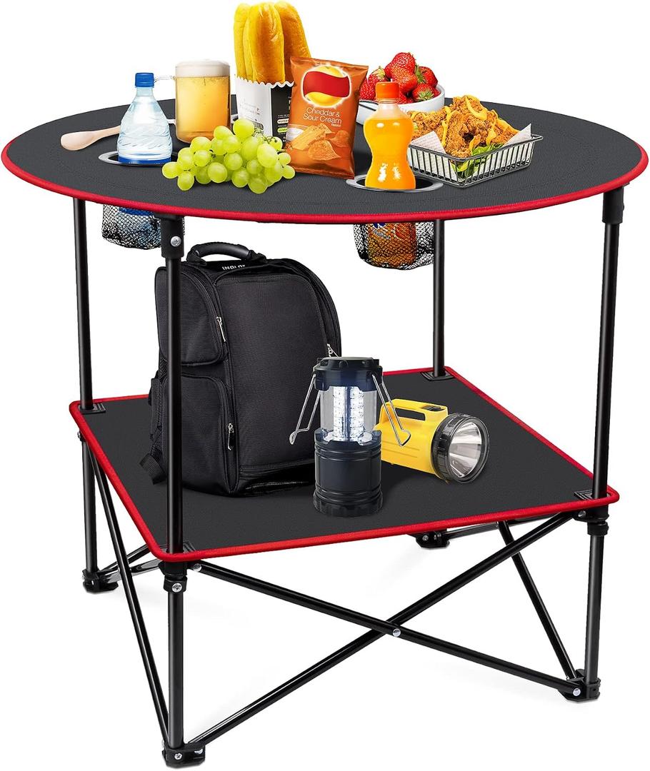 Portable Camping Table Folding Picnic Tables Lightweight Folding Table Waterproof Canvas Beach Table for Outside with 4 Cup Holders & Carry Bags for Camping, Beach, Campfires and Tailgating, 29*29*25