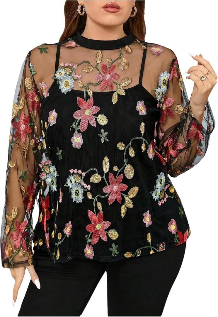 OYOANGLE Women's Plus Size Floral Embroidery Long Sleeve Sheer Blouse Boho See Through Tops (3X-Large Plus, Black)