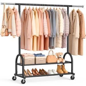EAGMAK Heavy Duty Clothes Rack for Hanging Clothes Load 556 LBS, Height Adjustable Rolling Clothing Racks, Portable Metal Coat Rack Garment Wardrobe with Wheels and Shelves for Bedroom Laundry, Black