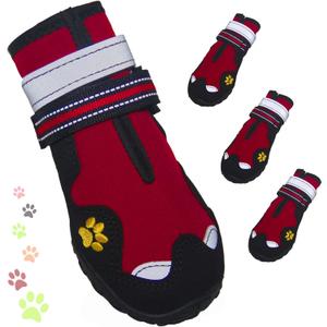 FISHOAKY Dog Shoes for Large Dogs, 360°Anti Slip Medium Dog Boots & Paw Protectors Winter Snowy, Waterproof 4Pcs Dog Booties with Reflective Strips (Size 8: 2.95''x3.46''(W*L), Red)