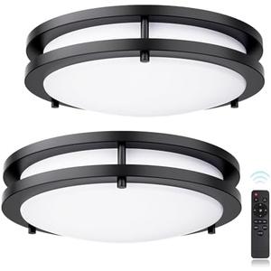 Flush Mount Ceiling Light with Remote: 2 Pack 13 Inch Lights fixture, 3000K-4500K-6000K Adjustable 3 Color Temperature, Dimmable Lighting Fixtures for Kitchen Bedroom Hardwired Installation (Black)