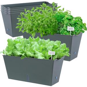 Window Box Planter 6 Pcs, 16.5 Inches Self Watering Rectangle Flower Plant Pots with Drainage Holes Trays, Vegetable Planters for Windowsill Patio Garden Balcony Porch Yard (Dark Green)