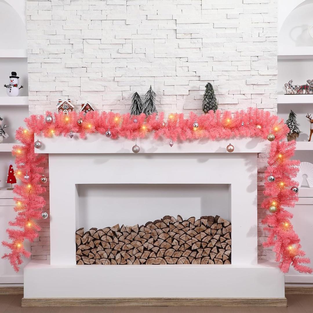 Jutom 13.2 ft Valentine's Garlands with 16.4 ft LED Lights Artificial Garland Romantic Pine Valentine Garland Decoration for Stairs Fireplace Mantel Front Door Porch Holiday Party(Pink)