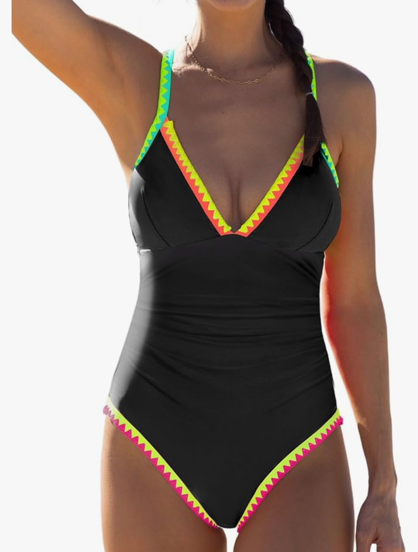 popvil Women One Piece Swimsuit Tummy Control Bathing Suit Neon Color Block Swim Suits Slimming Cute Tie Back Swimwear XL