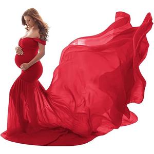 Women Maternity Dress for Photography Mermaid Off Shoulder Elegant Fitted Chiffon Gown Baby Shower Pregnancy Maxi Dresses for Photoshoot Ruched V Neck Long Slim Fit Wedding Photo Props Dress Burgundy One Size